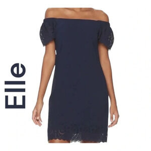 Elle Short Sleeve Navy Lined Scalloped‎ Trim Dress